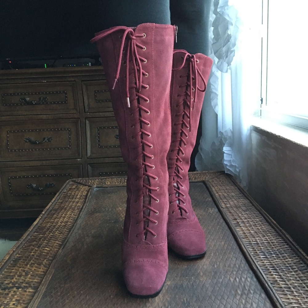 AJ Valenci mid calf burgundy heeled boots